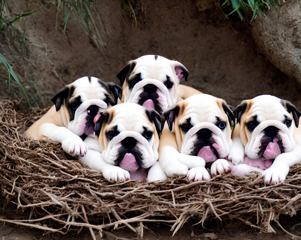 Adorable Bulldog Puppies on Twigs with Tongues Out