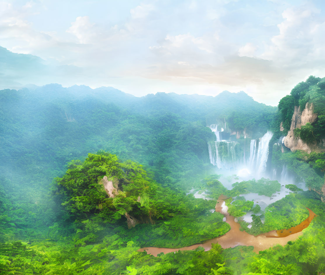 Tranquil landscape with greenery, waterfalls, river, and misty mountains