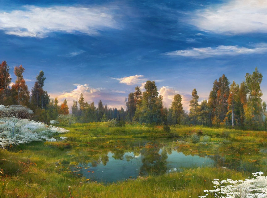 Tranquil forest scene with pond under blue sky