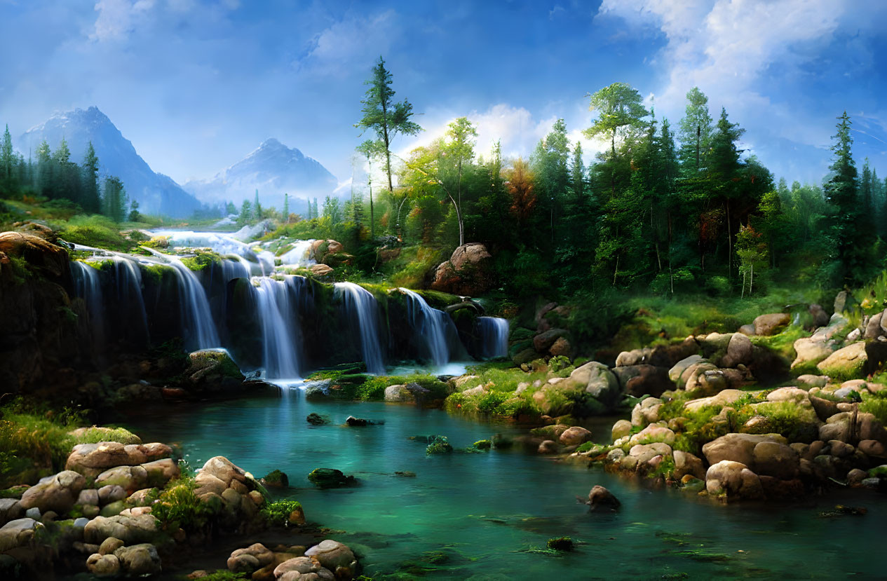 Scenic landscape with waterfall, river, rocks, and mountains under cloudy sky