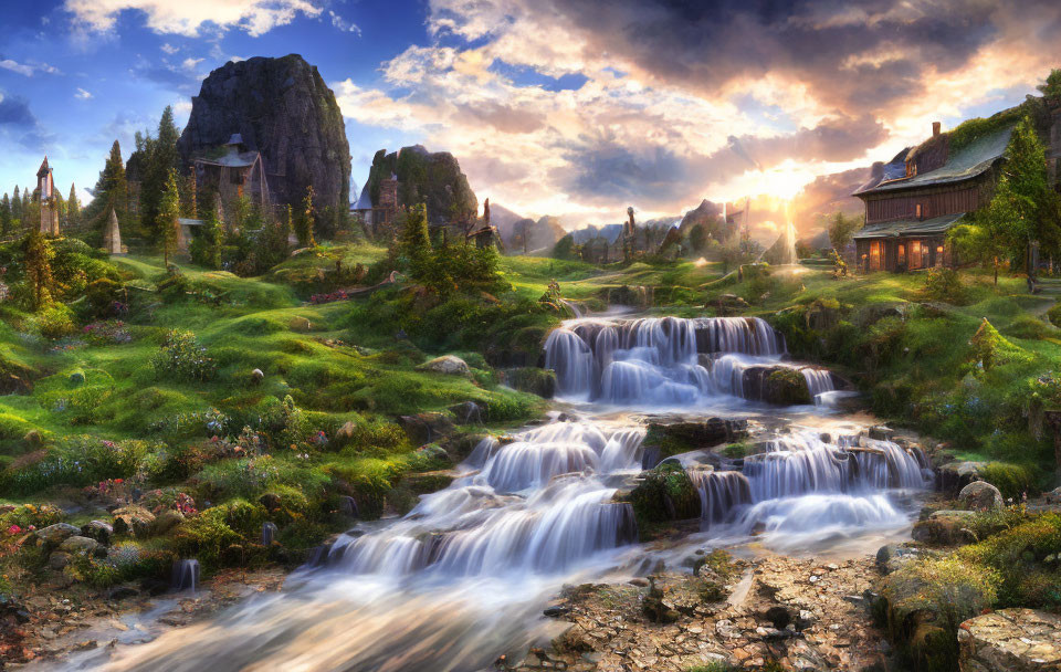 Tranquil landscape with waterfalls, lush greenery, traditional house, dramatic sunset sky.