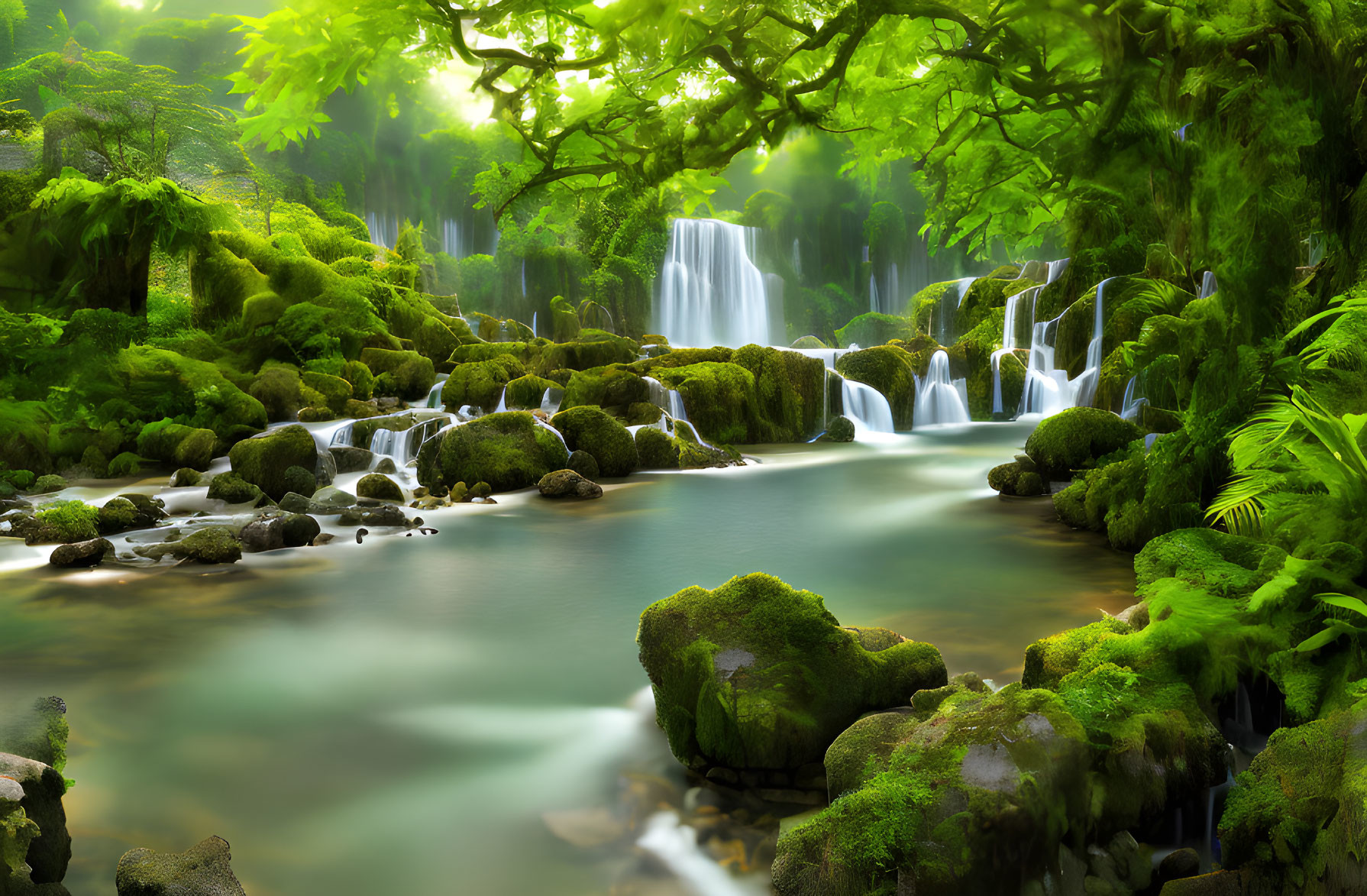 Tranquil Waterfall in Lush Greenery and Moss-Covered Rocks