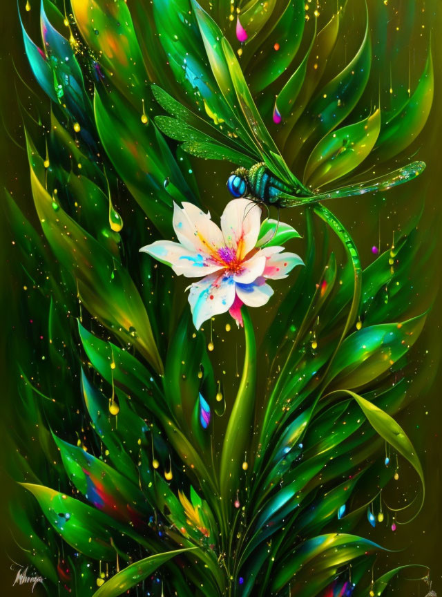 Colorful Dragonfly Artwork on White Flower with Green Leaves