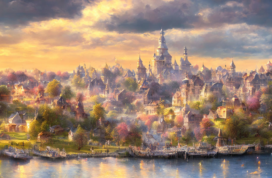 Magical sunset fantasy landscape with whimsical city and vibrant nature