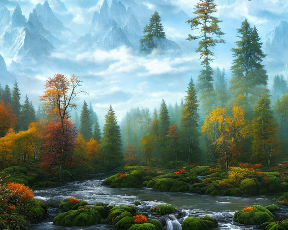 Vibrant autumn landscape with river, waterfalls, and misty mountains