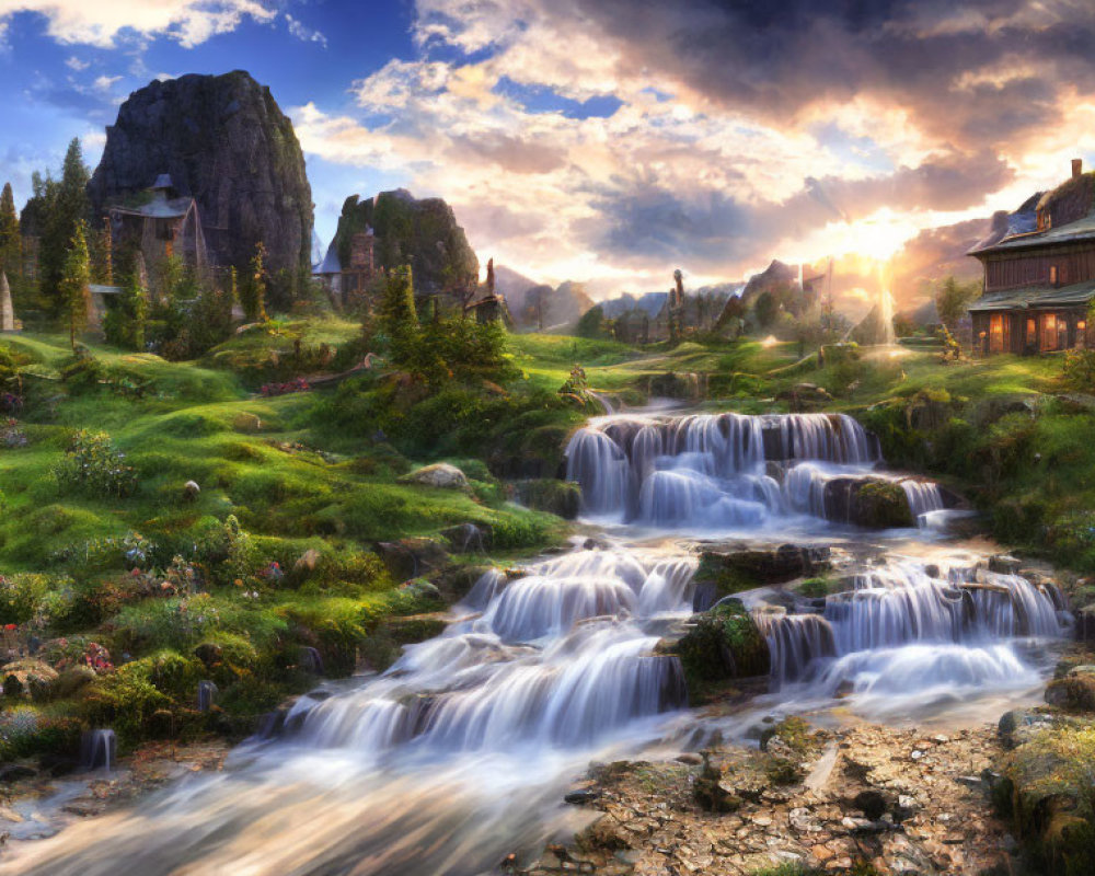 Tranquil landscape with waterfalls, lush greenery, traditional house, dramatic sunset sky.