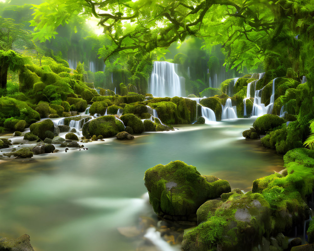 Tranquil Waterfall in Lush Greenery and Moss-Covered Rocks