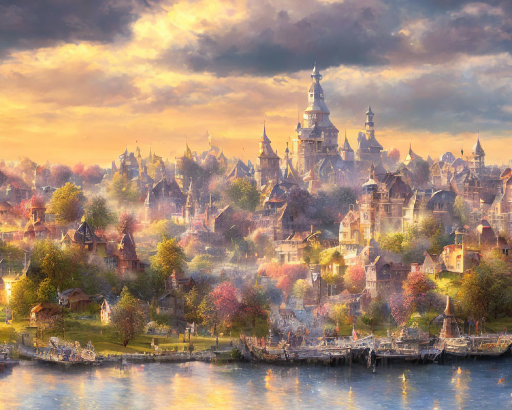 Magical sunset fantasy landscape with whimsical city and vibrant nature