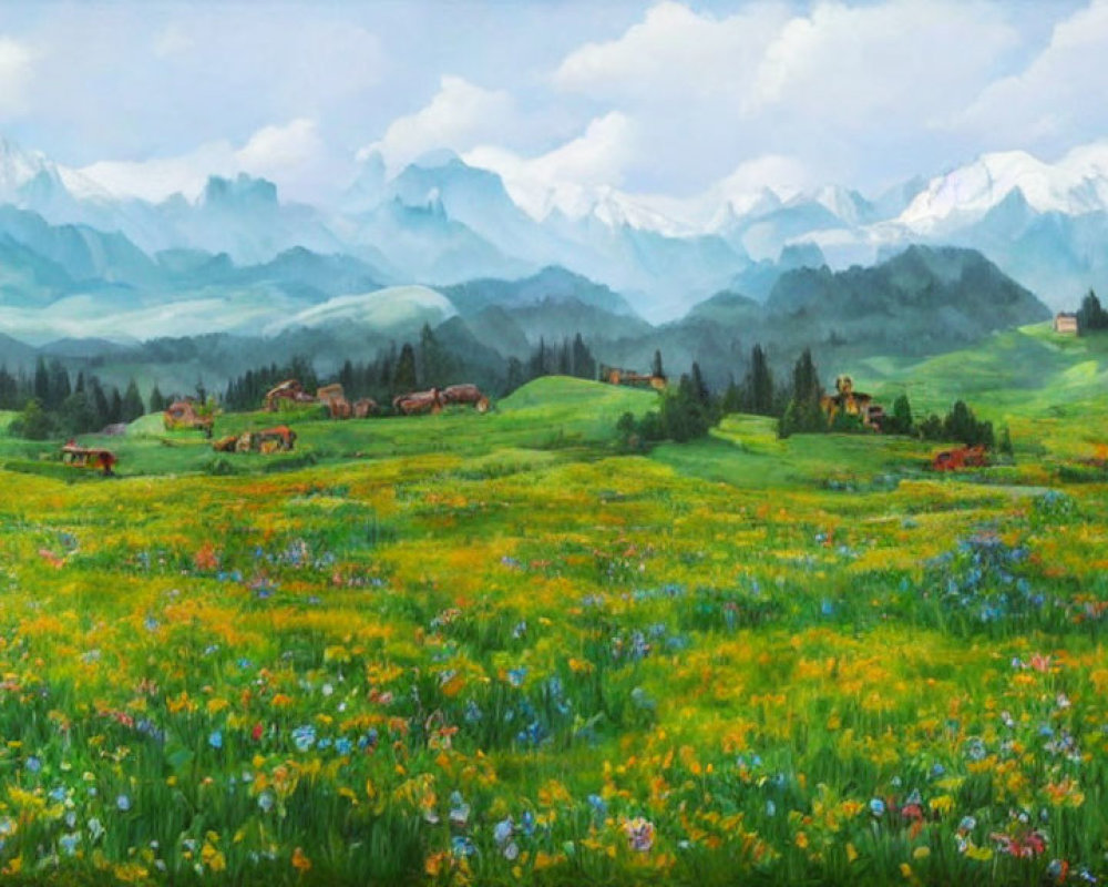 Colorful meadow painting with houses, mountains, and clouds