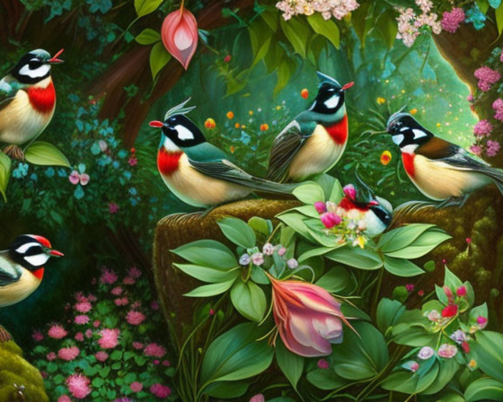 Colorful painting of seven exotic birds in lush forest habitat