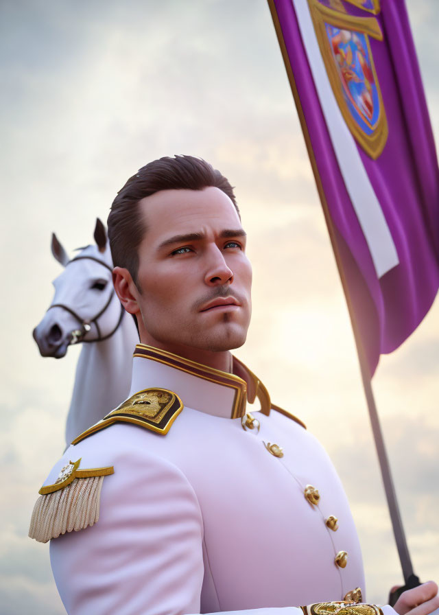 Digital illustration: Man in ceremonial military uniform with golden epaulettes, holding flag next to white