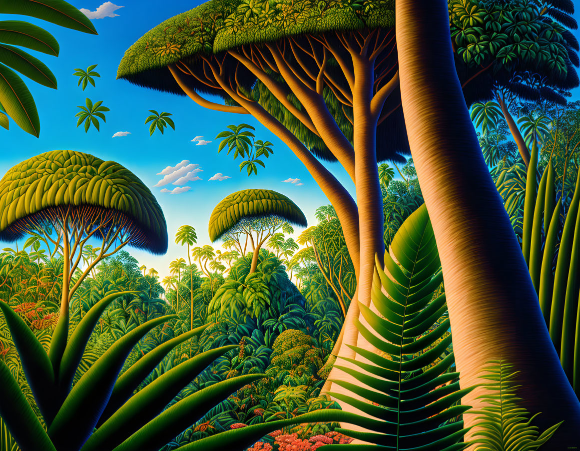 Surreal Landscape with Mushroom Trees and Blue Sky