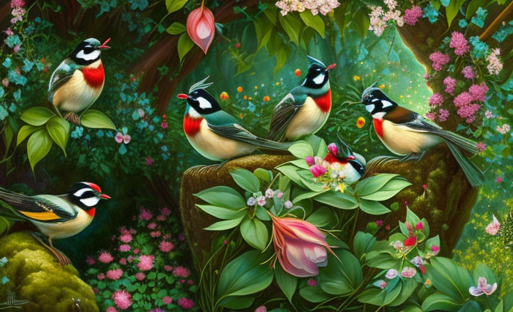 Colorful painting of seven exotic birds in lush forest habitat