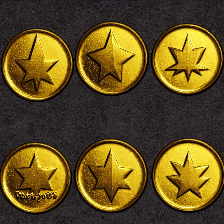 Golden coins with star imprints on dark textured surface: 6 smooth & jagged edges each