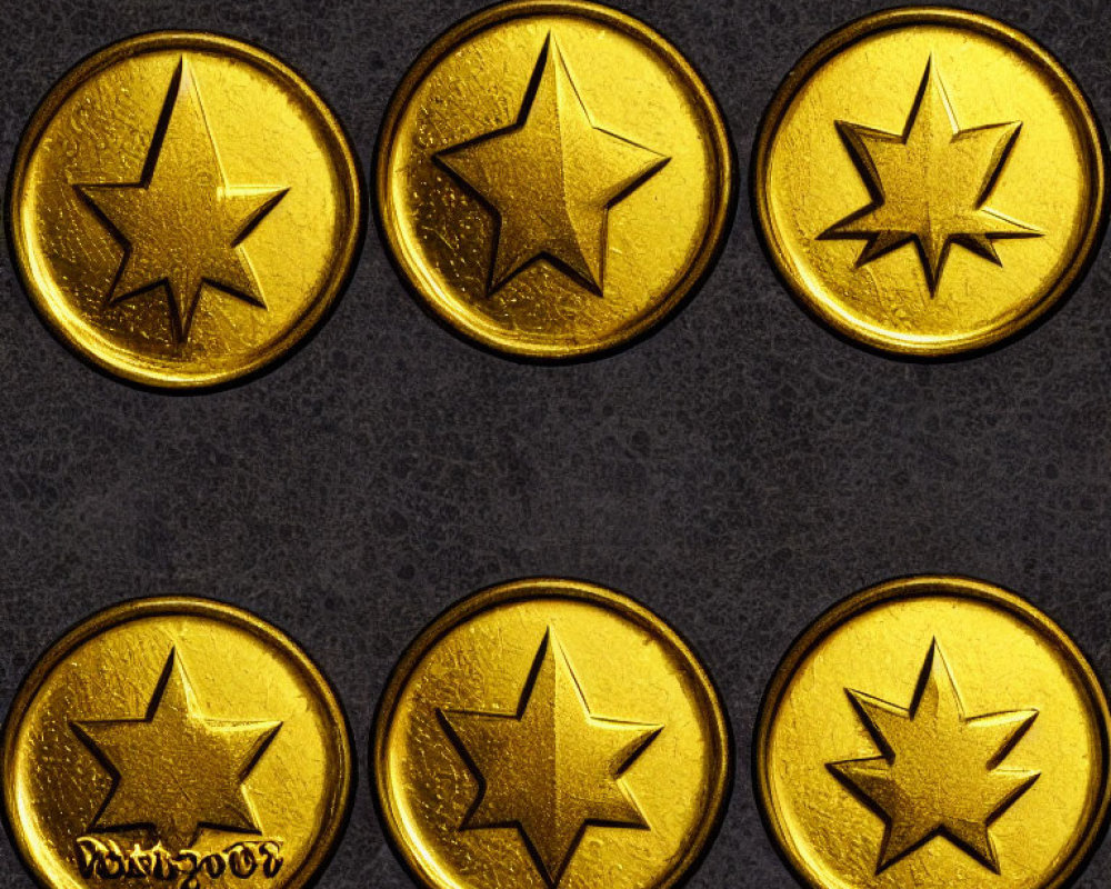 Golden coins with star imprints on dark textured surface: 6 smooth & jagged edges each