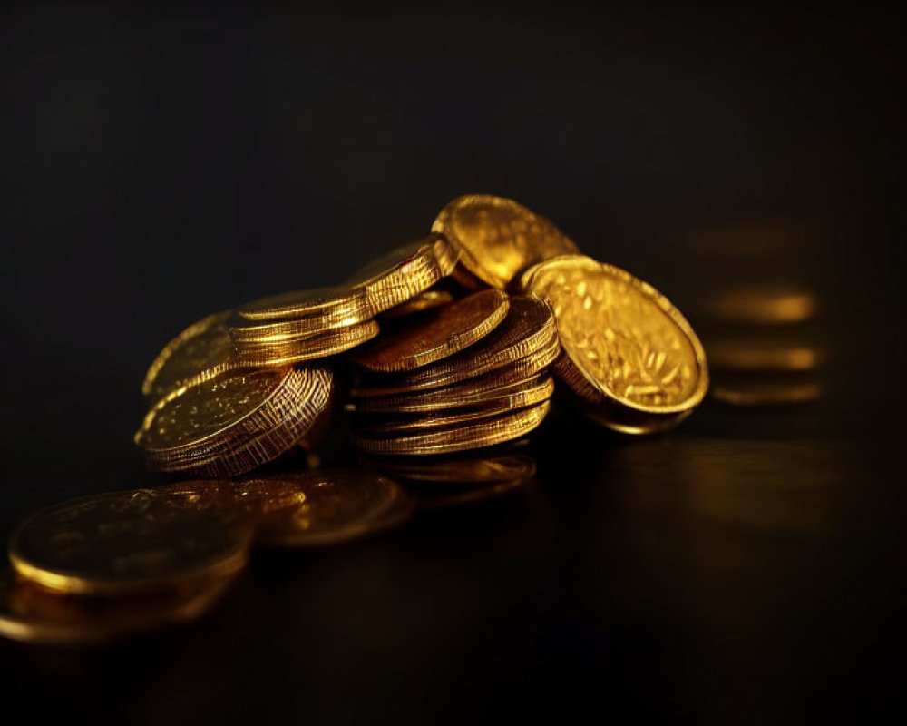 Stacked and scattered shiny gold coins on reflective surface