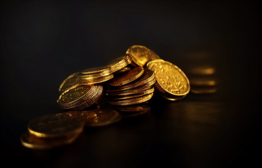 Stacked and scattered shiny gold coins on reflective surface