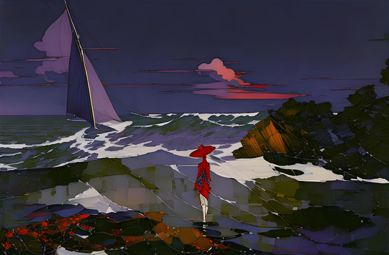 Colorful surreal artwork: Person in red cloak by sea watching sailboat