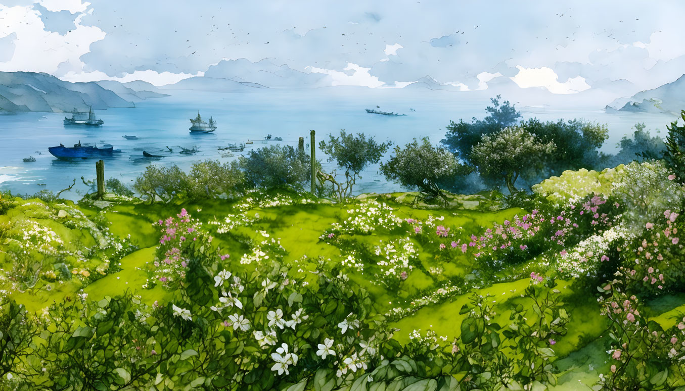 Tranquil watercolor landscape: green meadow, blooming flowers, blue sea with boats,