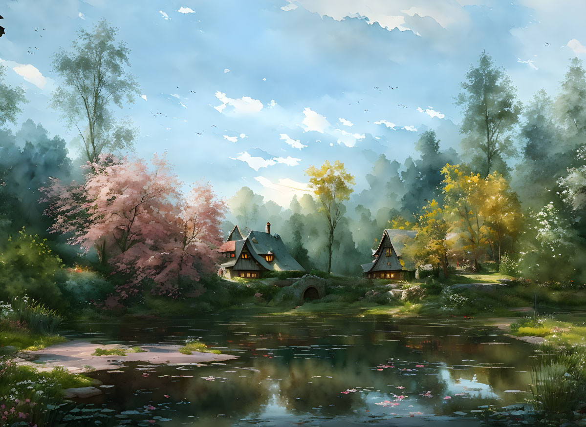 Tranquil landscape with blossoming trees, pond, bridge, and cottages