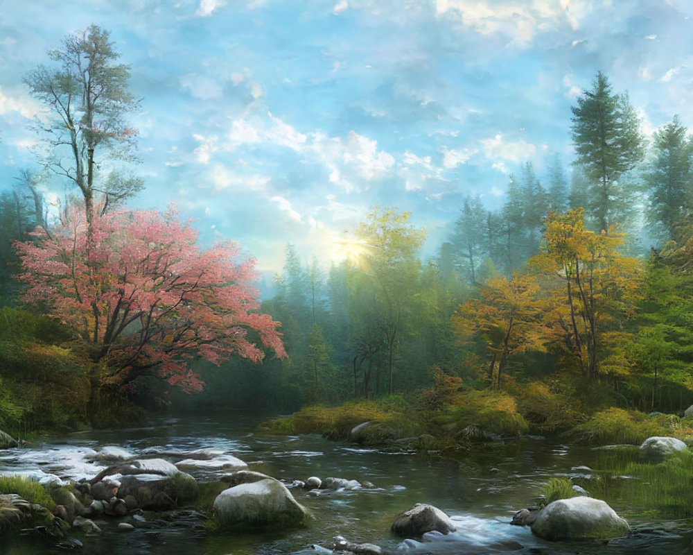 Tranquil forest scene with stream, boulders, pink and yellow foliage under hazy sky