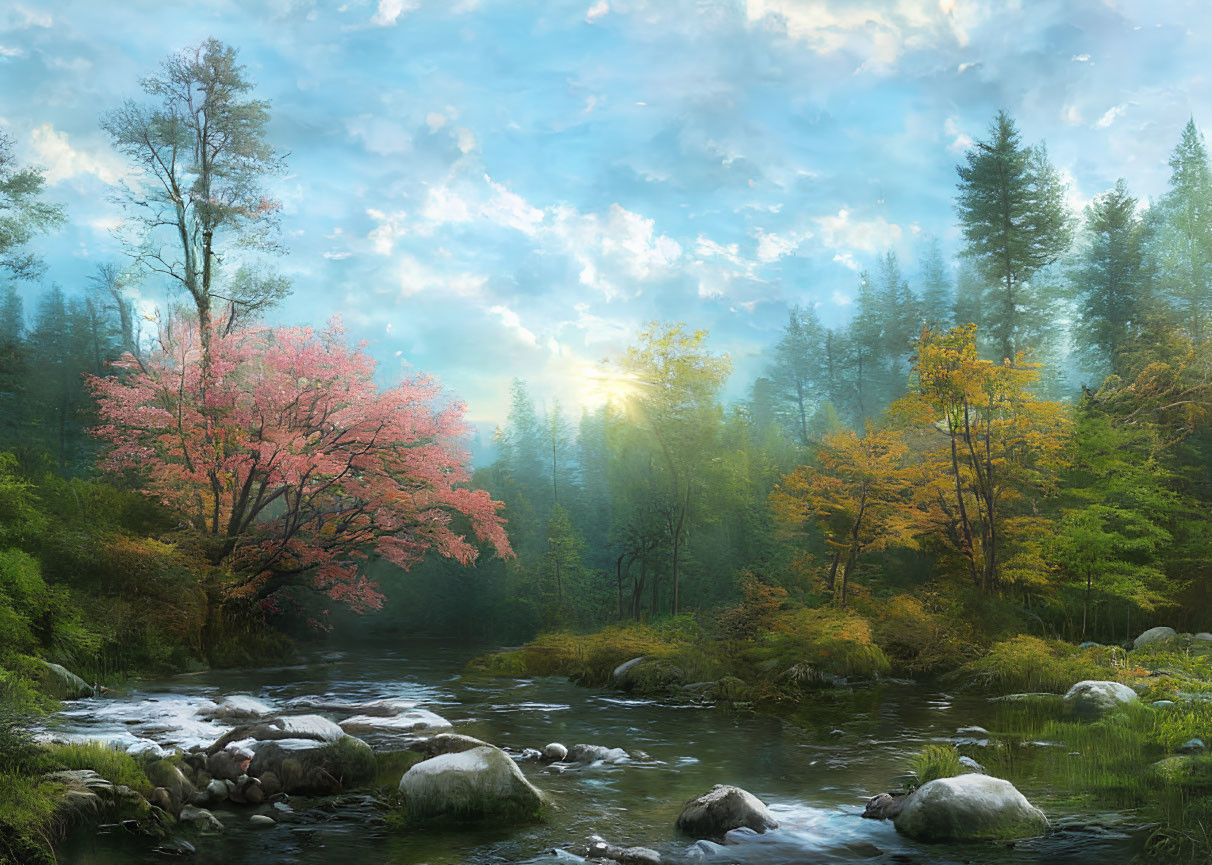 Tranquil forest scene with stream, boulders, pink and yellow foliage under hazy sky