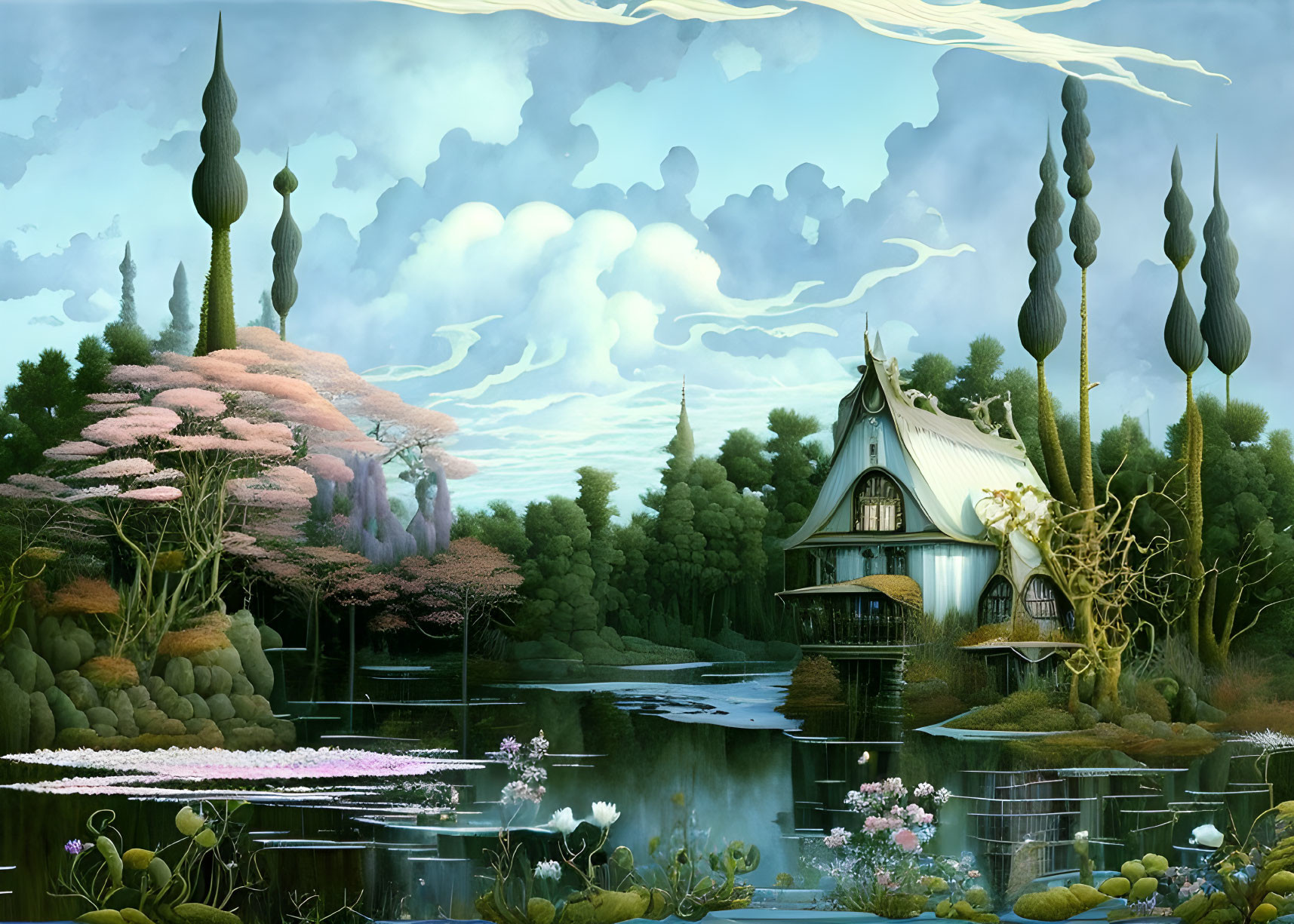 Whimsical cottage in serene fantasy landscape