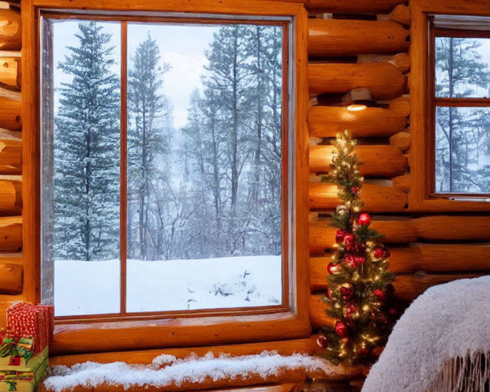 Snowy Christmas-themed log cabin interior with decorated tree and gifts