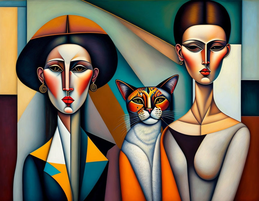 Stylized figures and colorful cat in cubist-inspired art