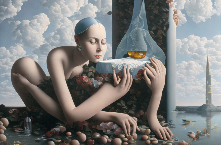 Surreal painting of woman with goldfish in suspended bowl among shells