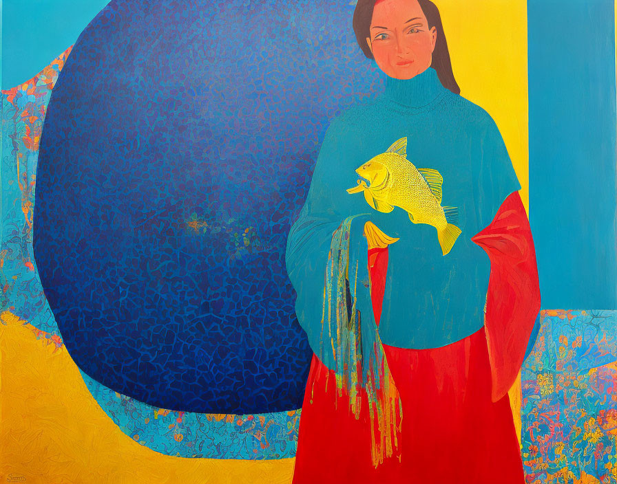 Woman holding yellow fish in abstract blue and yellow background