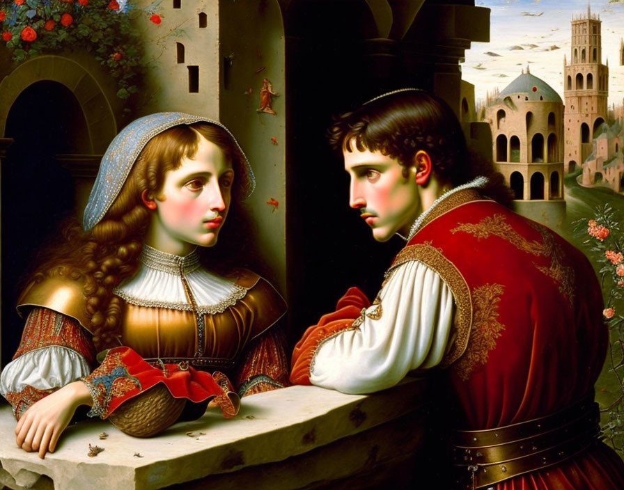 Renaissance painting of couple on balcony with castle and gardens