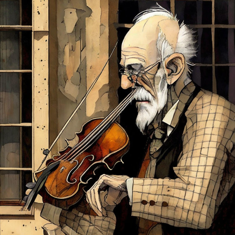 Elderly man playing violin next to window in dimly lit room