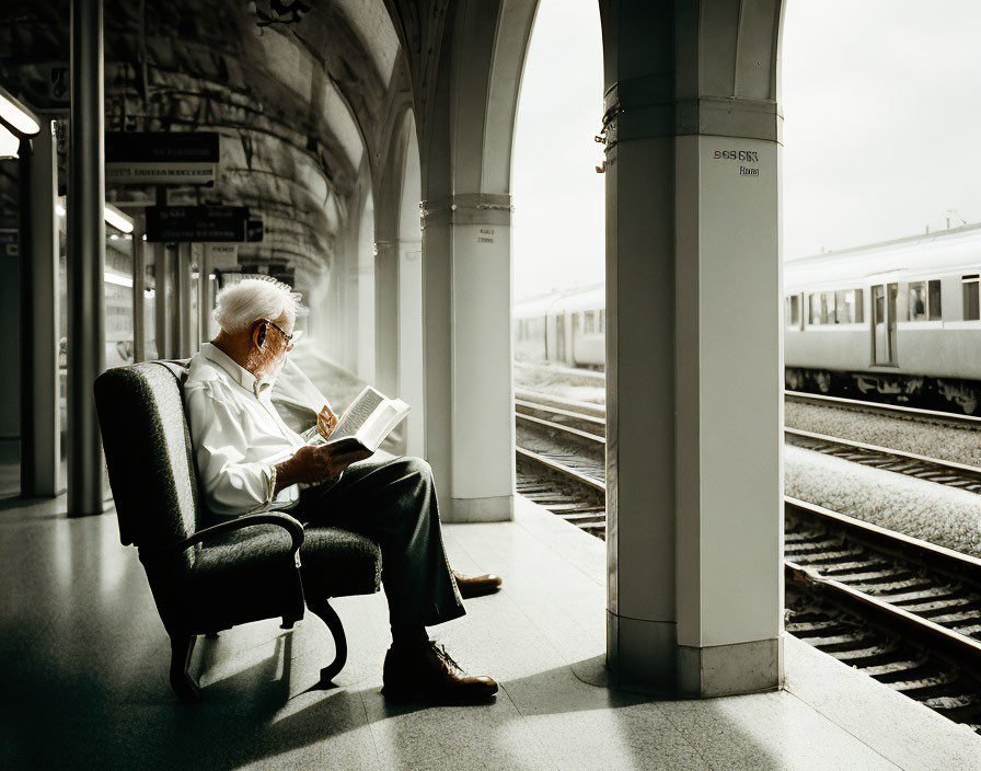 Elderly person reading book at train station with stopped train