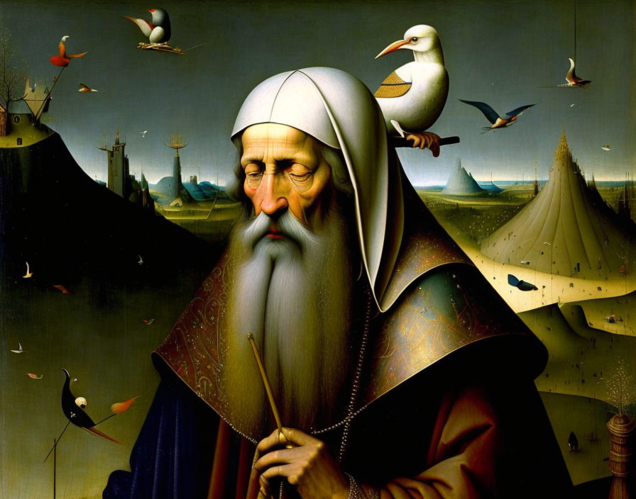 Surrealist painting featuring man with white beard, staff, birds, and tents