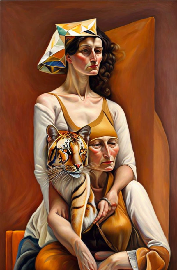 Surreal painting of woman with geometric headpiece and tiger on warm backdrop