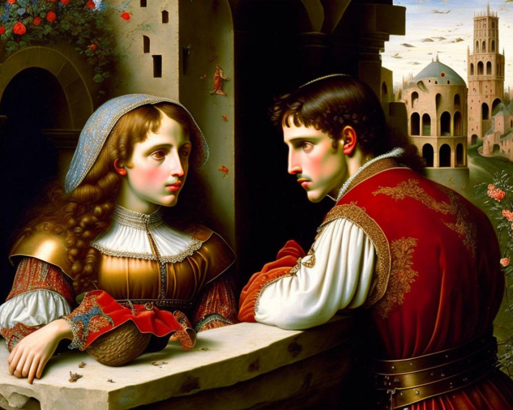 Renaissance painting of couple on balcony with castle and gardens