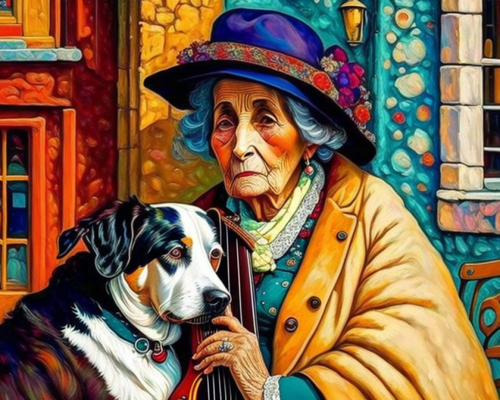 Elderly woman in hat and coat with black and white dog against colorful backdrop