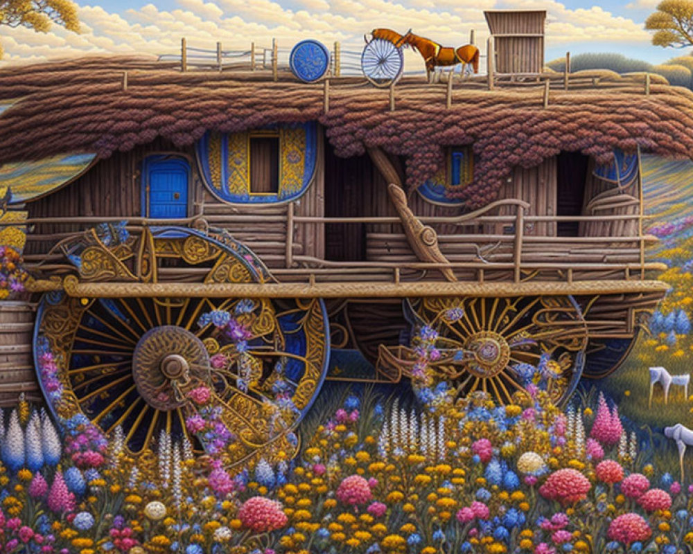 Detailed painting of whimsical wooden caravan in vibrant flower field.