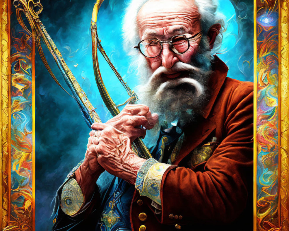 Elderly man in red jacket with golden violin on blue background