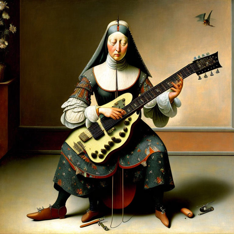 Seated woman in historical attire playing lute-like instrument with hummingbird in background