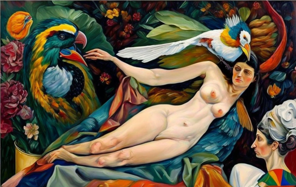 Vibrant painting of reclining nude woman with parrot and flying bird in lush floral setting