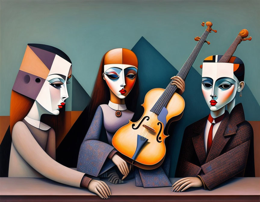 Stylized geometric figures around table with central violin