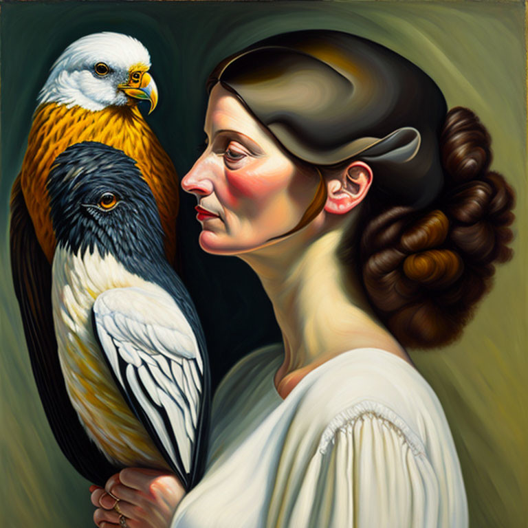 Surreal artwork of woman with face transformed into birds