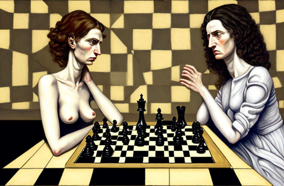 Two Women Playing Chess with Dramatic Expressions