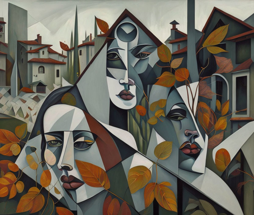 Cubist-style painting with abstract faces, autumnal landscape, and architecture.