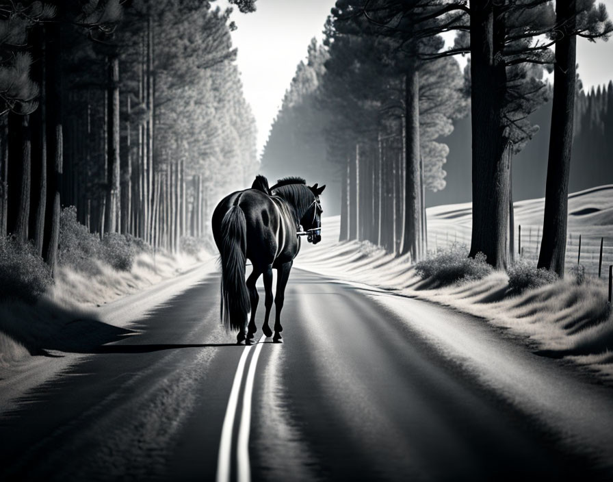 Lonely horse walking on deserted road under tall pine trees