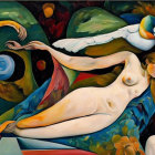 Vibrant painting of reclining nude woman with parrot and flying bird in lush floral setting