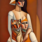 Surreal painting of woman with geometric headpiece and tiger on warm backdrop