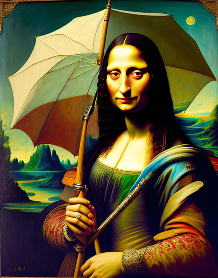 Stylized Mona Lisa with Umbrella in Vibrant Colors